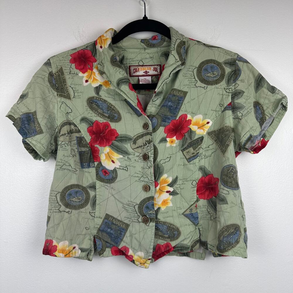 Vintage Caribbean Joe Womens Short Sleeve Hawaiian Green Shirt Petite Medium